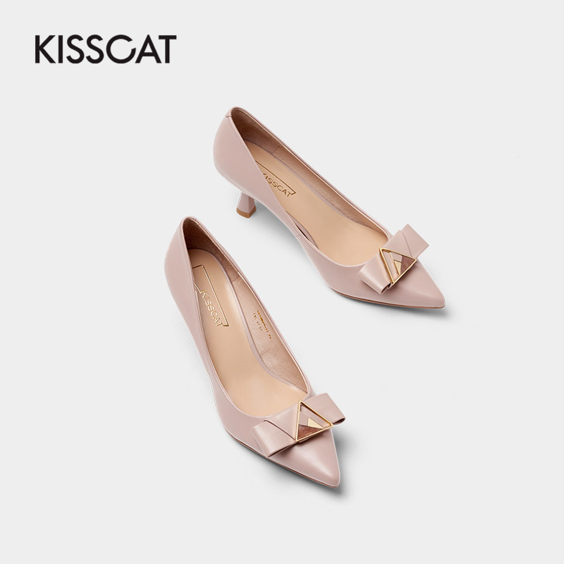 接吻猫2020年秋冬新款时尚简约细高跟鞋甜美蝴蝶结饰扣通勤单鞋女