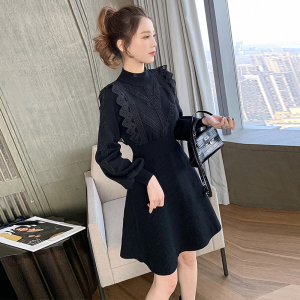 Spot net red 2020 autumn new Hepburn style long sleeve stitching knitted dress women show thin A-line skirt