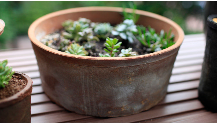 央盆 粗陶红陶盆手工黑陶盆泥瓦盆植物纤维花盆窑变阳台盆景创意