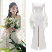 Special offer soft satin minimalist long sleeve spring spring shoulder dinner party evening dress Tour light wedding dress light dress