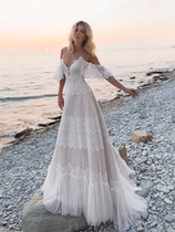 Bohemia shoulder wedding dress simple lace seaside tour gauze lawn wedding outdoor light wedding dress