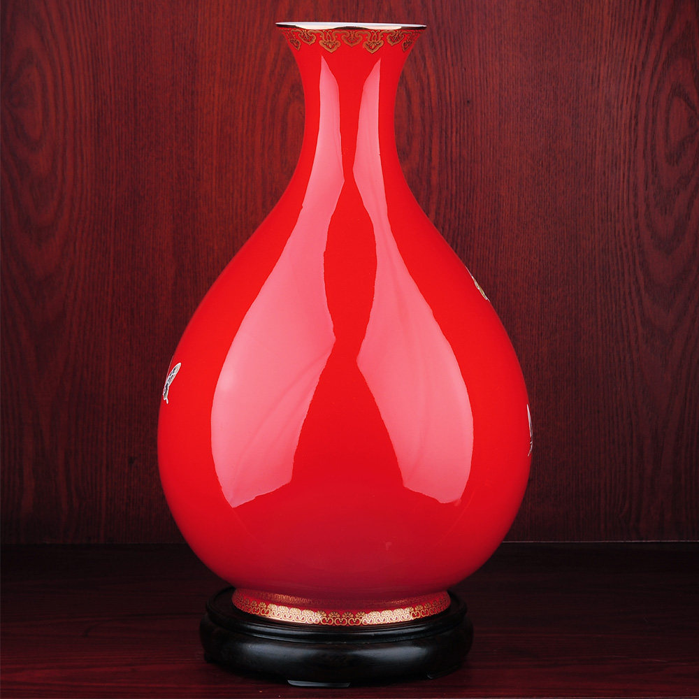 玉壶春 珐琅彩中国红手绘陶瓷花瓶 家居装饰品工艺品摆件 hy 3322