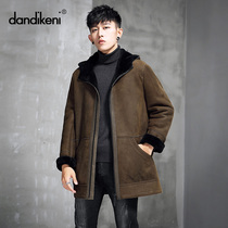 Spains original ecological suede fur one male hooded medium long fur coat Haining youth leather coat winter