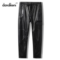 Haining locomotive leather pants goatskin loose casual leather pants elastic waist small foot tube windproof pants mens tide