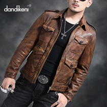  New Haining leather leather jacket mens sheepskin hunting suit short slim lapel leather jacket retro old trend