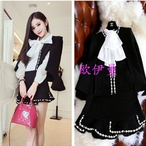 Socialite temperament small fragrant wind tweed cloak Pearl Diamond black jacket high waist fishtail skirt two-piece set