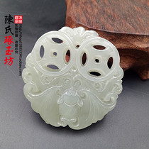 Hetian Jade Green and white jade hollow blessing jade Bat lucky jade pendant pendant Neck jade jade pendant