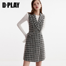 DPLAY de para autumn and winter New Year black and white tweed check waist suit waistcoat dress women
