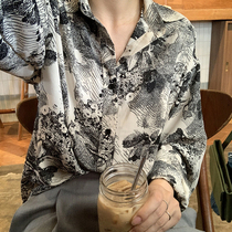 yesroom22 Spring New Korean Retro BF Big Brother Ink Chinese Painting Print Loose Chiffon Shirt Shirt