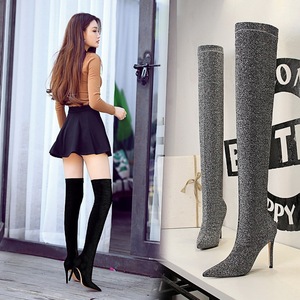 125-2 the European and American fashion wind shining sequins/sexy nightclub show thin pointed over-the-knee high-heeled
