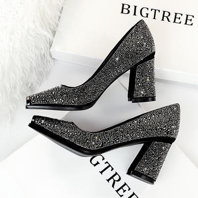 6862-5 European and American wind sexy high heels thick with party with shallow mouth shining metal square diamond women