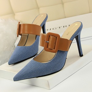 955-2 the European and American wind high shoes baotou drag with shallow mouth pointed denim color matching belt buckle 