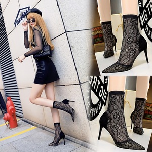 6313-8 European and American wind fashion sexy nightclub show thin fine lace with pointed high-heeled suede mesh short t