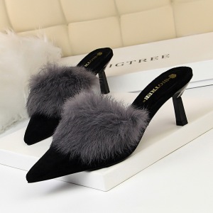 7108-1 han edition fashion plush slippers with fine with high heels pointed baotou drag color matching rabbit hair half 