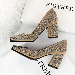 6862-5 European and American wind sexy high heels thick with party with shallow mouth shining metal square diamond women