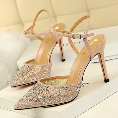 183-1 han edition fashion sexy women&apos;s shoes high heel with shallow pointed mouth mesh hollow out diamond one word 