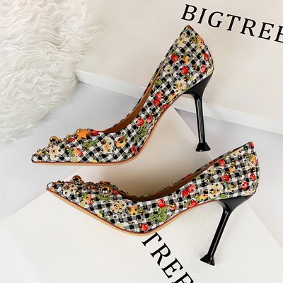 278-15 han edition cloth color matching, plaid high with shallow mouth pointed metal diamond rivets high-heeled shoes wo