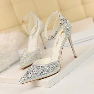 283-16 han edition high-heeled shoes high heel with shallow mouth sweet pointed shining diamond female sandals, hollow o