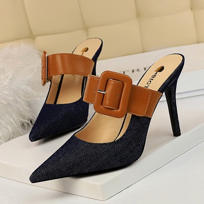 955-2 the European and American wind high shoes baotou drag with shallow mouth pointed denim color matching belt buckle 