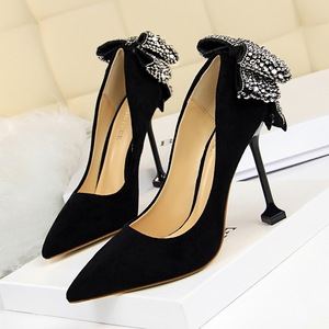 17175-9 han edition of female high-heeled shoes after suede shallow mouth pointed sexy nightclub show thin diamond bow s