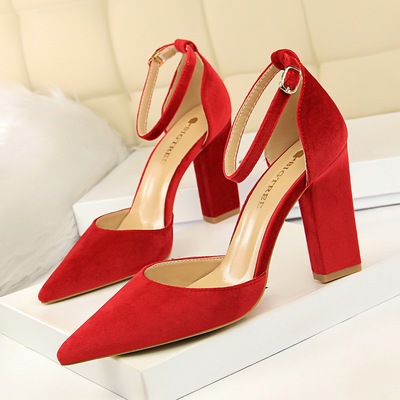 293-2 han edition contracted for women’s shoes with hollow thick with high light mouth pointed suede sexy show thin sing