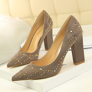 5239-11 European and American wind high heels thick with tall with suede shallow mouth pointed sexy show thin color diam