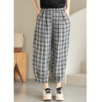Xiao said a soft and covety pendant with a type art cavity conditioning thin section linen grid 90% Pants Light Cage Pants Female Loose