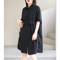 Xiao said design sense small crowdshirt dress Korean version Leisure loose Pleats Pure color cotton cloth Liandress Women Summer