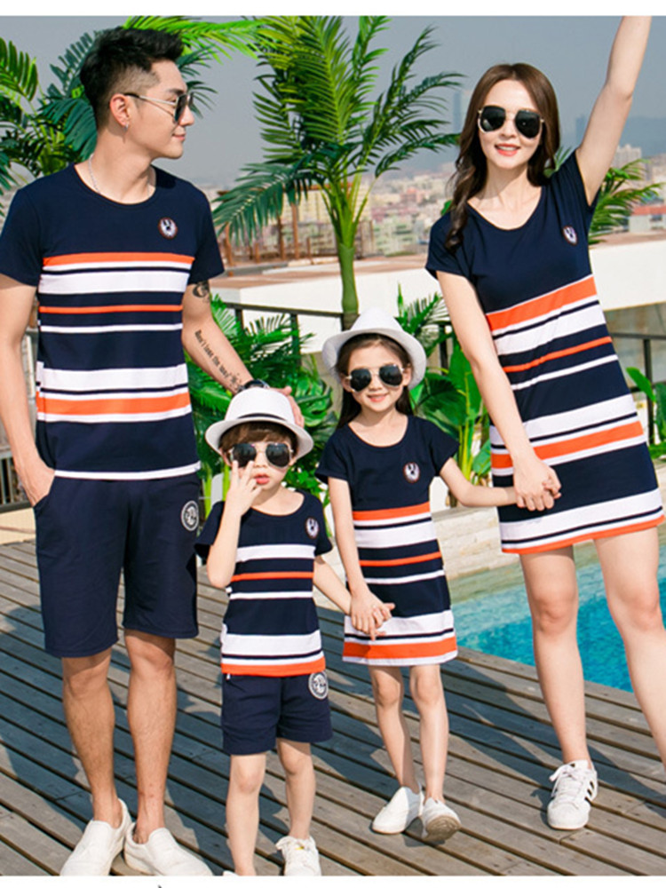 Parent-child summer dress mother and daughter Korean version of slim striped dress pure cotton half-sleeved father and son compassionate four-person family suit