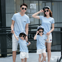 Pro-sub-loaded summer family suit mother and mother female dress V collar short sleeve T-shirt One family of four casual holiday beach dress