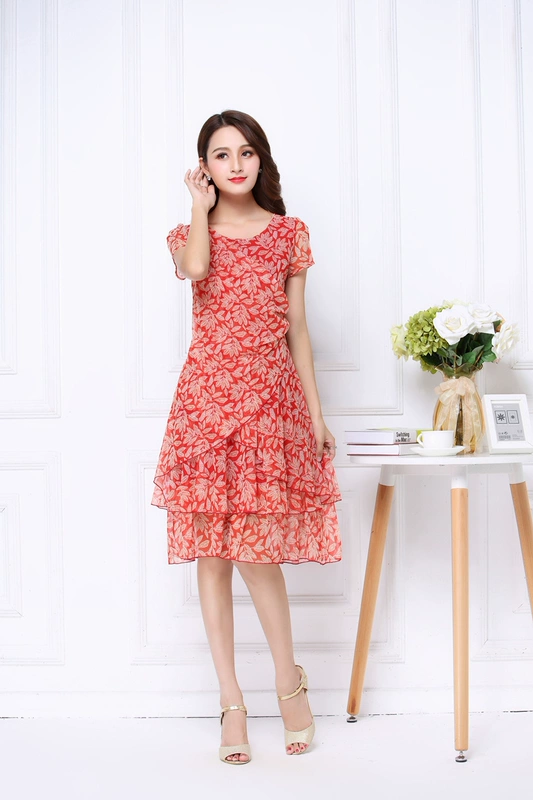 In màu lưới co giãn thoáng khí của phụ nữ mới mùa hè váy cổ tròn dài giữa mỏng trên đầu gối - Sản phẩm HOT
