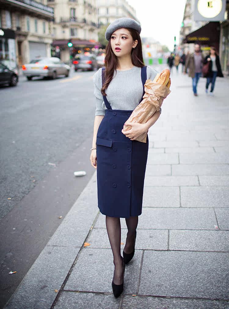 2017女复古双排扣藏青色背带半身裙ol高腰中裙修身显瘦秋冬背带裙
