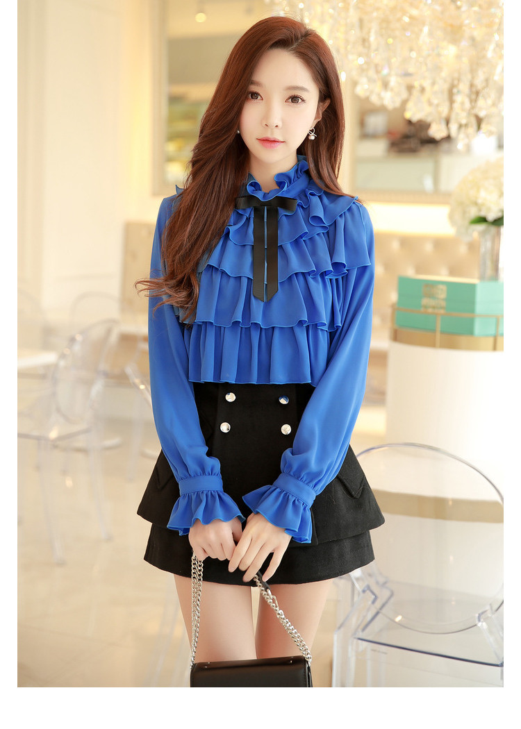 粉红大布娃娃2018春季新款时尚蝴蝶结长袖荷叶边立领雪纺衬衫女ol_7折