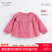 Marc Jeanne Baby Girls Autumn Patchwork Wooden Ear Plaid Shirt Children Long Sleeve Shirt 221557