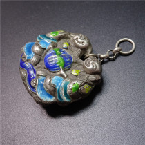 Enamel silverware pendant pure silver sculpted flower grilled blue Antiquity ancient playing with beads accessories Qing Dynasty old lettering with a little pendant