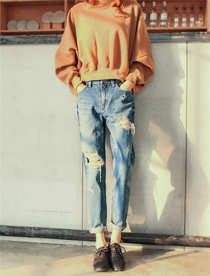 (实拍)新款 宽松bf风破洞休闲显瘦牛仔小垮裤乞丐裤女 0511