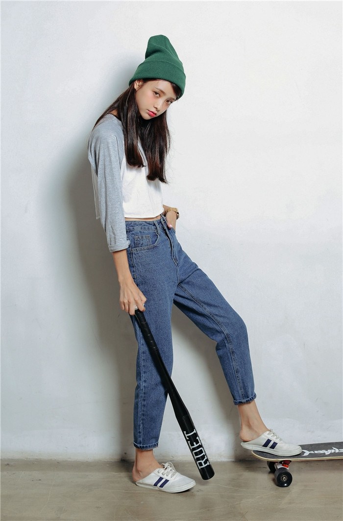 (实拍)新款 怀旧色高腰aa宽松显瘦牛仔裤小哈伦女垮裤 0798