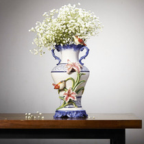 Decorative water jug large vase Ceramic flower bottle Flower arrangement bottle Pastoral creative high vase Blue and white lily large vase