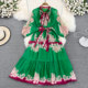 Spring and autumn retro court style temperament round neck bow bat sleeve waist print dress elegant long skirt Spring and autumn retro court style temperament round neck bow bat sleeve waist print dress elegant long skirt