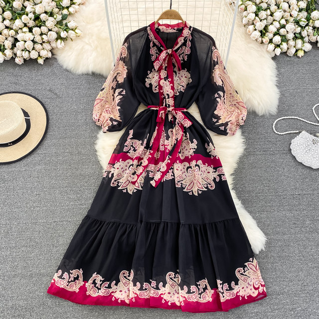 Spring and autumn retro court style temperament round neck bow bat sleeve waist print dress elegant long skirt Spring and autumn retro court style temperament round neck bow bat sleeve waist print dress elegant long skirt