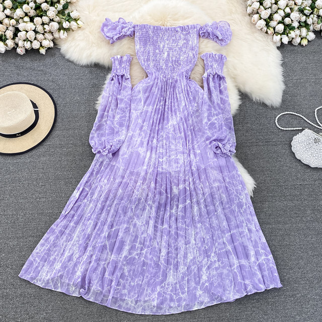 Seaside vacation elegant big swing long skirt one-shoulder off-shoulder waist slimming tie-dye printed a-line pleated dress Seaside vacation elegant big swing long skirt one-shoulder off-shoulder waist slimming tie-dye printed a-line pleated dress