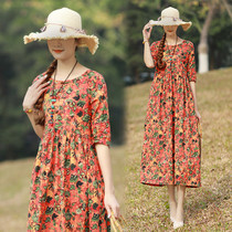 Ethnic cotton linen dress spring and summer new art retro printing large size loose thin Ramie big dress
