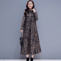 Autumn and winter New vintage ethnic dress womens loose slim medium length plus velvet padded knitted high neck skirt