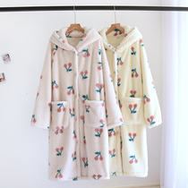 Flannel hooded nightgown womens autumn and winter thickened warm coral fleece student nightdress loose home service bathrobe