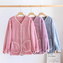 Flannel V-neck one-piece top autumn and winter womens thickened coral fleece warm loose large size home service pajamas