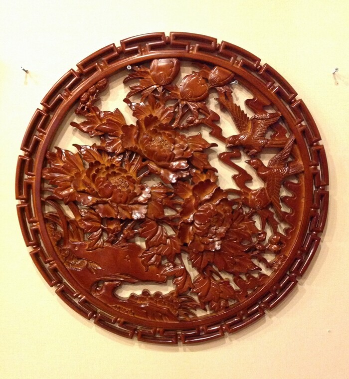 家装茶楼专用墙壁 椴木雕刻挂件 花开富贵牡丹图 油漆白胚/65cm