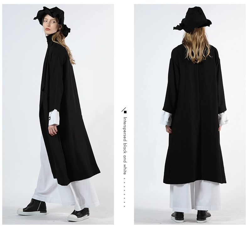 Lapargay Napajia mới của phụ nữ mùa thu áo gió trung niên màu đen áo khoác rộng rãi áo khoác dài tay - Trench Coat