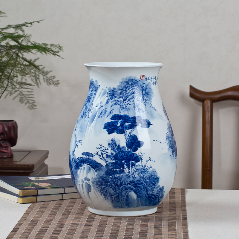 Jingdezhen ceramics hand - made scenery blue and white porcelain vase big expressions using tube furnishing articles sitting room of Chinese style household ornaments