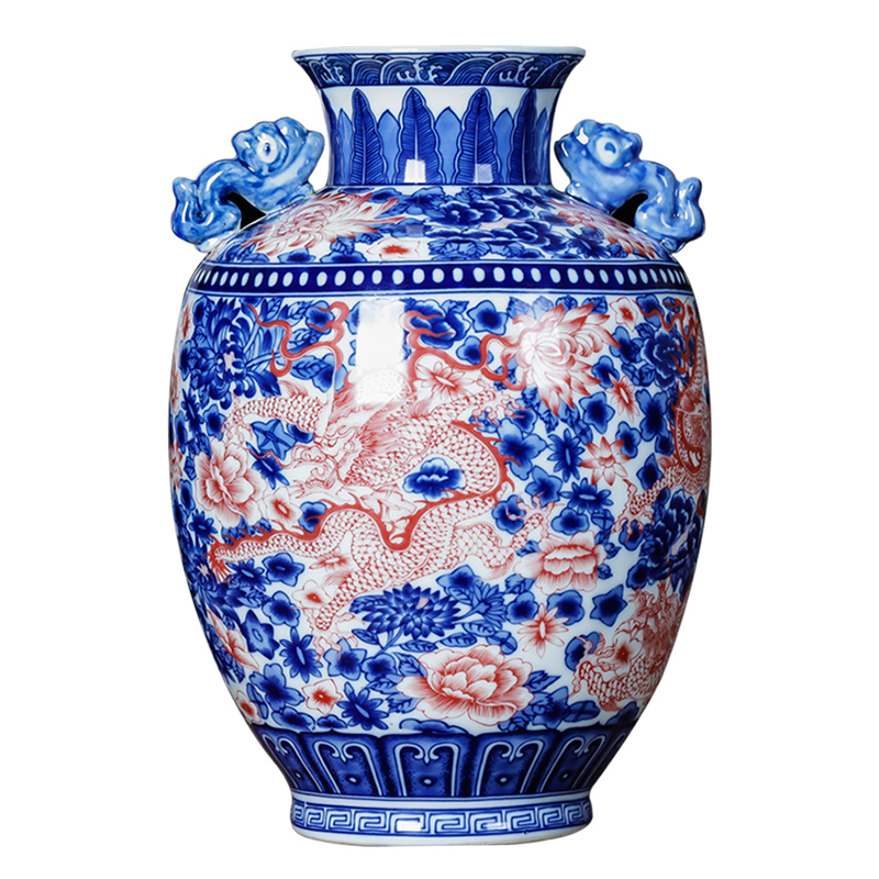 Jingdezhen porcelain ceramic antique ears of blue and white porcelain vase furnishing articles of new Chinese style household flower arrangement sitting room adornment