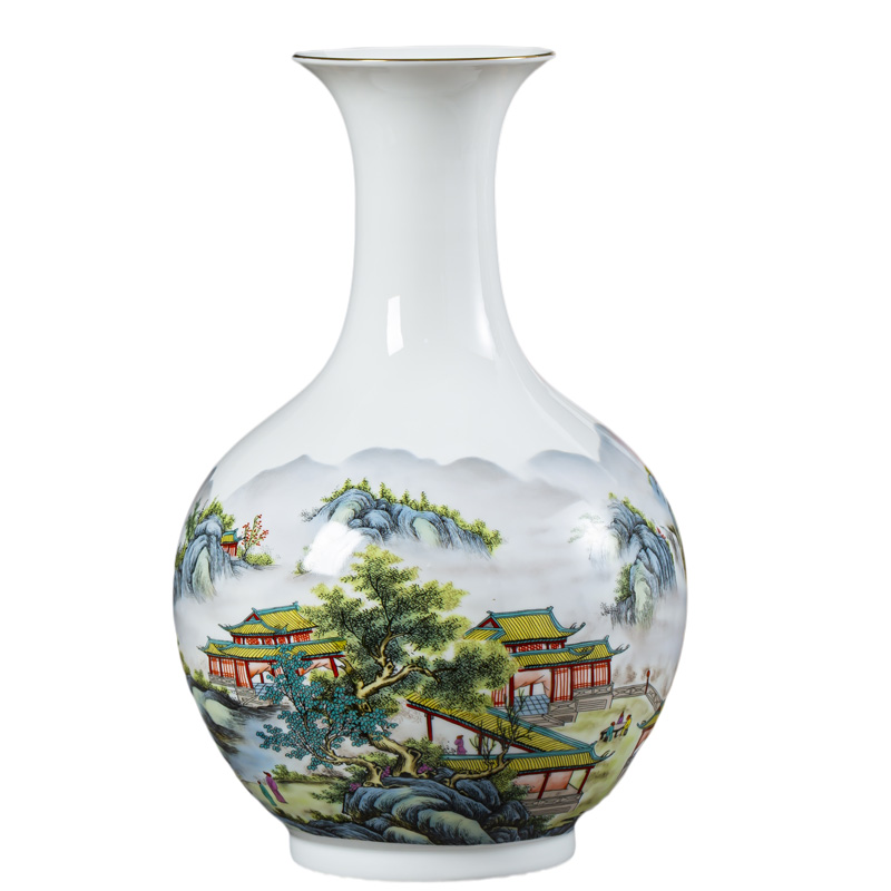 Jingdezhen porcelain ceramic powder enamel thin foetus landscape vases, flower arrangement sitting room adornment handicraft furnishing articles of Chinese style household